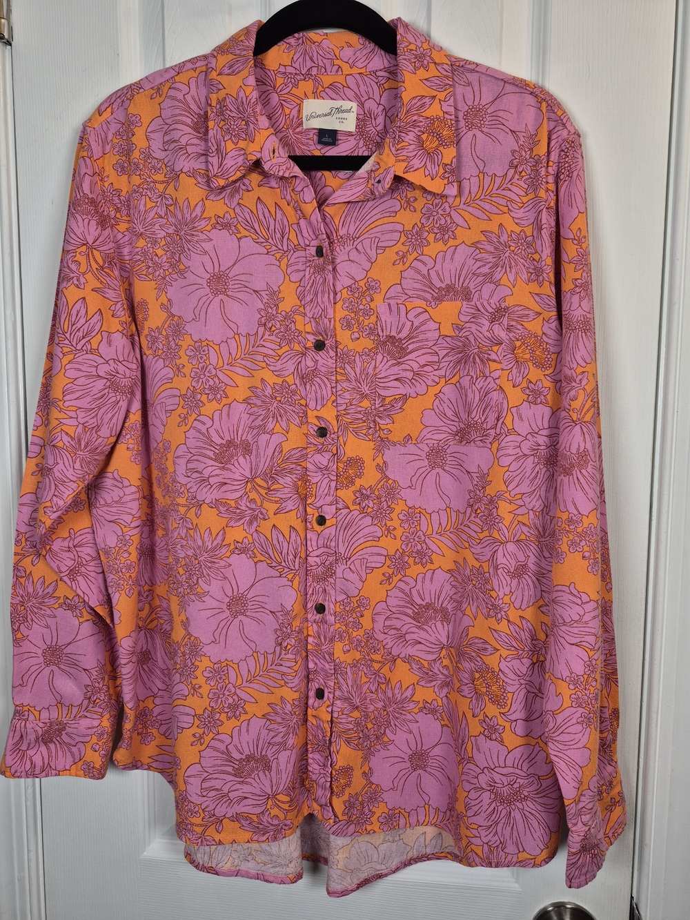 ​Universal Thread Pink Orange Floral Button Up Shirt Large Boho Summer Festival